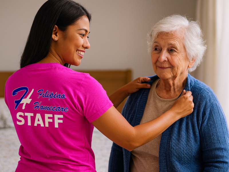 Filipino Homecare caregiver assisting with personal care at home in Ontario
